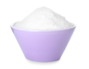Bowl of salt on white background