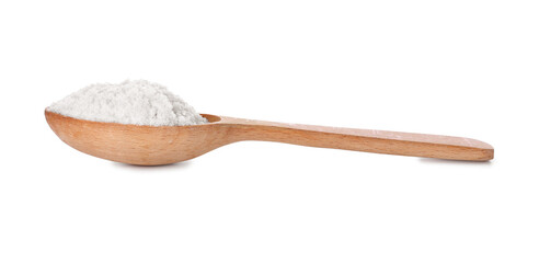 Wooden spoon with salt on white background