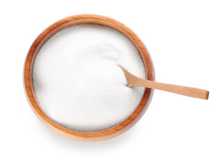 Wooden bowl of salt on white background