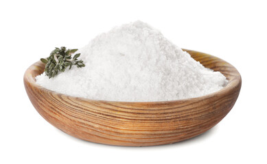 Wooden bowl of salt on white background