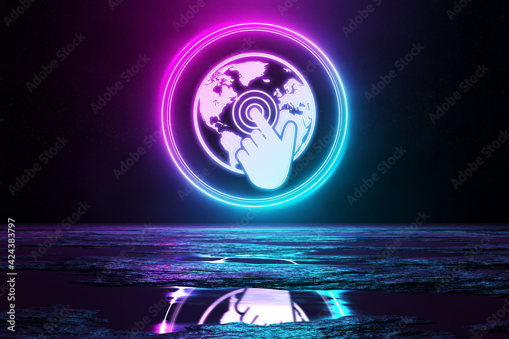 Poster digital web holographic icon illuminating the floor with blue and pink neon light 3d rendering