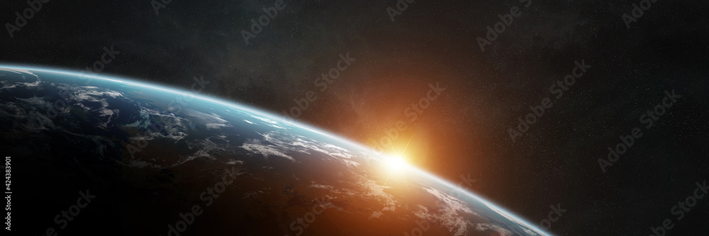 Poster Panoramic planet Earth background. Panorama of space view of the globe 3D rendering elements of this image furnished by NASA