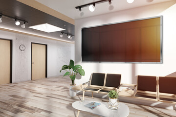 Panoramic frame Mockup hanging in office waiting room. Template of a billboard in modern interior 3D rendering