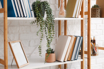 Modern shelf unit with books near brick wall, closeup © Pixel-Shot