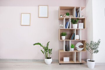 Interior of modern room with shelf unit and houseplants