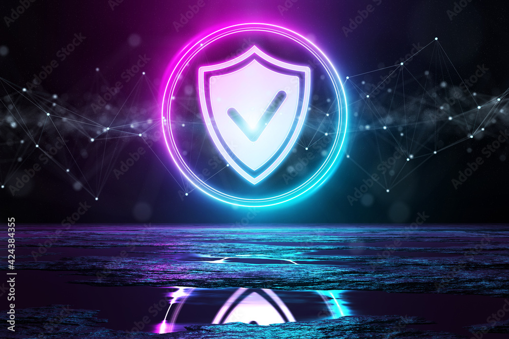 Poster digital cyber security holographic icon illuminating the floor with blue and pink neon light 3d rend