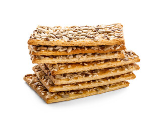 Tasty crackers with seeds on white background