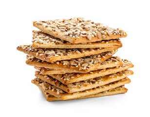 Tasty crackers with seeds on white background