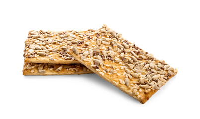 Tasty crackers with seeds on white background