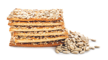 Tasty crackers with seeds on white background
