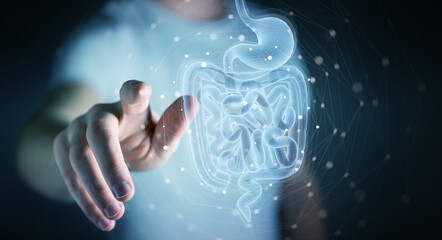 Obraz na płótnie Canvas Man using digital x-ray of human intestine holographic scan projection 3D rendering