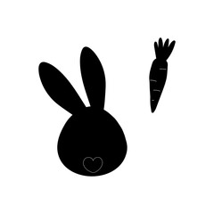 Very cute rabbit and black carrots on a white background. Easter icon. Printing on decorative pillows, notebooks, interior design, kitchen textiles. Vector graphics.