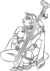 Lord's Gopika, Sevika, or lady servants have drawn in Indian folk art, Kalamkari style. for textile printing, logo, wallpaper