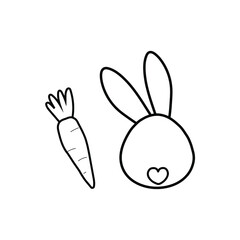 Fototapeta na wymiar Very cute rabbit and carrot on a white background for coloring. Easter icon. Printing on decorative pillows, notebooks, interior design, kitchen textiles. Vector graphics.