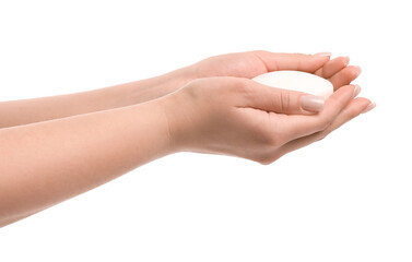 Woman washing hands on white background