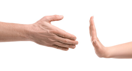 Woman refusing to shake hand of man on white background