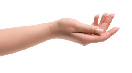 Gesturing female hand on white background