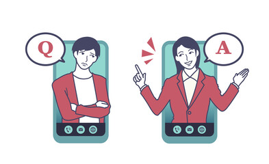 スマートフォン・悩む男性と説明するスーツ姿の女性　質問と答え　人物ベクターイラスト