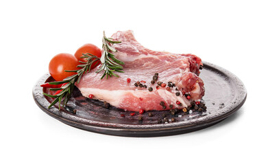 Plate with fresh raw meat and spices on white background