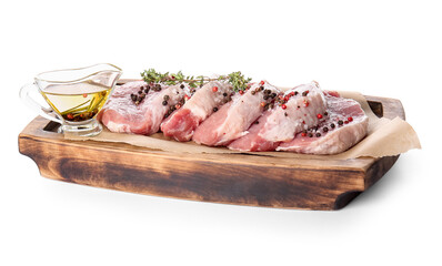 Board with fresh raw meat and spices on white background