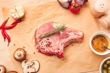 Fresh raw meat, vegetables and spices on table