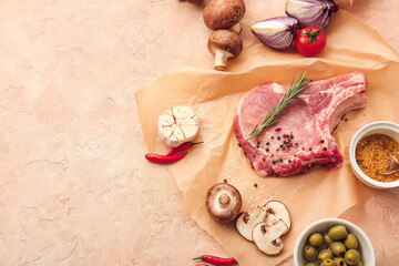 Fresh raw meat, vegetables and spices on table