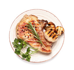 Plate with tasty steak and spices on white background