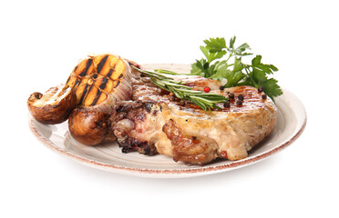 Plate with tasty steak and spices on white background