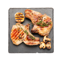 Board with tasty steaks and spices on white background
