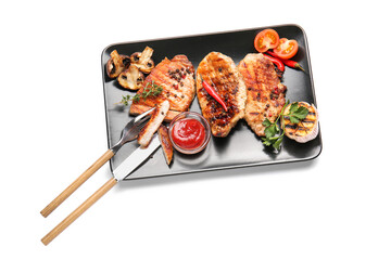 Plate with tasty steaks and spices on white background