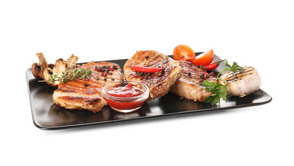 Plate with tasty steak and spices on white background