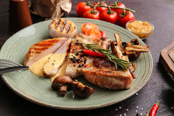 Plate with tasty steaks and spices on dark background