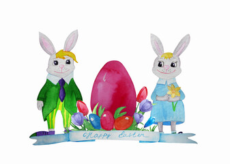 Easter bunnies in bright clothes. Watercolor cartoon characters, ribbon and flowers on a white background.