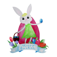 Lovely Easter bunny in a green dress. Watercolor flowers, decorative eggs and ribbon on a white background.