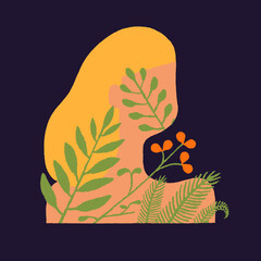 Illustration of the concept of self-growth and growing into a new season, a woman with flowers and plants growing from a garden inside of her silhouette. 