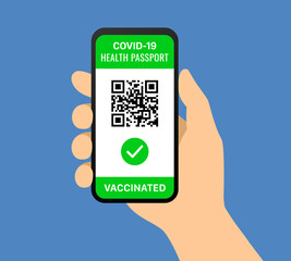 COVID-19 Coronavirus health passport on smartphone or mobile smart cell phone vector illustration for medical websites and print