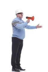 side view. a Mature man with a megaphone explains something.