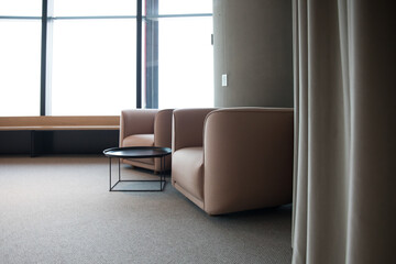 lounge coffee table sleek modern interior window natural simple minimal neutral carpet office