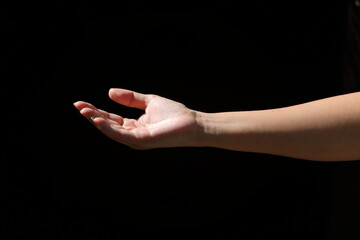 The girl's hands show various gestures on black background