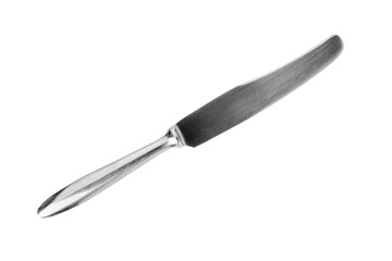 Steel table knife white background isolated closeup, silver metal knife, cutlery, sharp stainless blade, cutting food knife, kitchen utensil, breakfast, lunch, dinner, supper tableware, butter knife