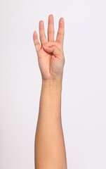 The girl's hands show various gestures on white background