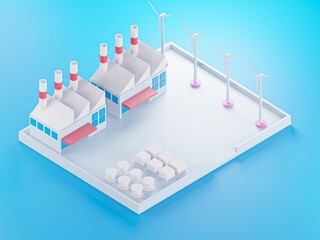 Perspective view on power electricity industry factory building in cartoon style , industry concept - 3D render