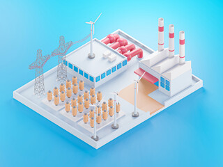 Perspective view on power electricity industry factory building in cartoon style , industry concept - 3D render