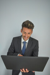 businessman in suit working at computer.