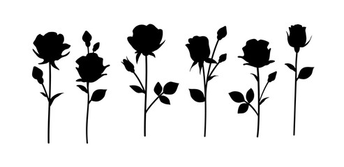 Flower icon. Set of decorative garden rose with bud and leaves silhouette isolated on white. Vector stock illustration.	 - 424389769