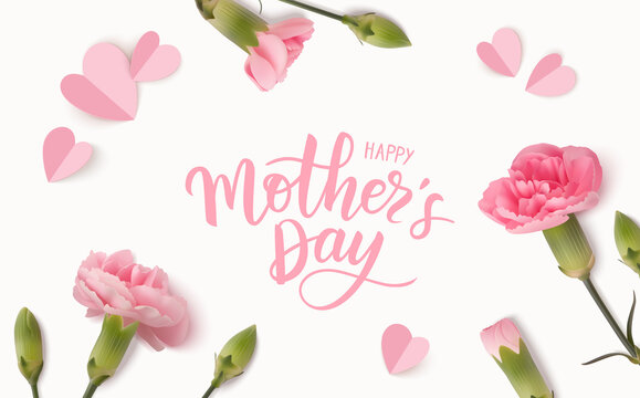 Happy Mothers day. Calligraphic greeting text. Holiday design template with realistic pink carnation flowers and paper hearts. Vector stock illustration