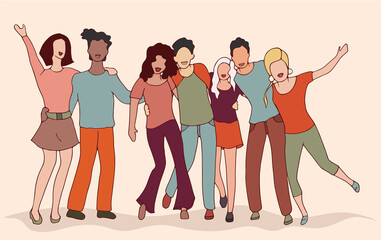 Fototapeta premium Group of young friends hugging and smiling having fun. Diversity people. Teamwork community cooperation partnership and friendship concept. Happy youth. Male and female together. Peace