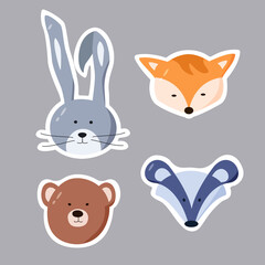 Vector set of color drawings of forest animals. The head of a bear, a hare, a fox and a badger. A set of stickers with an outline.