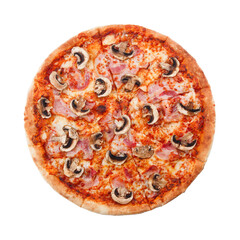 Delicious classic italian Pizza Carbonara with ham, sausages tomatoes, mushrooms and cheese