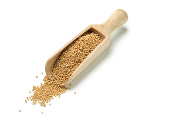Wooden scoop with mustard seeds isolated on white background